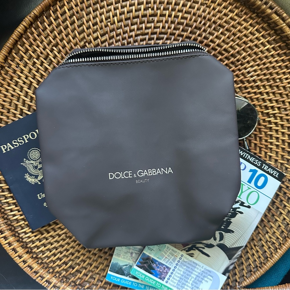 DOLCE & GABBANA Beauty Chocolate Brown Vegan Leather Zip Pocket Cosmetic Pouch
